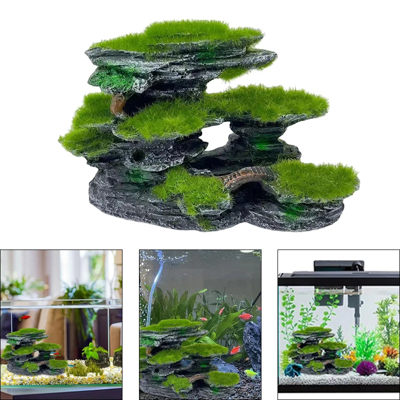 Large Mossed Mountain View Aquarium Hideout - Submersible Resin Decoration