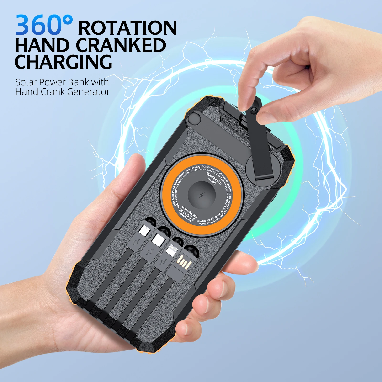 휴대용 핸드 크랭크 파워 뱅크 50000mAh, 태양광 파워 뱅크 내장 충전 케이블, 야외 비상용 충전기, 듀얼 LED 손전등
