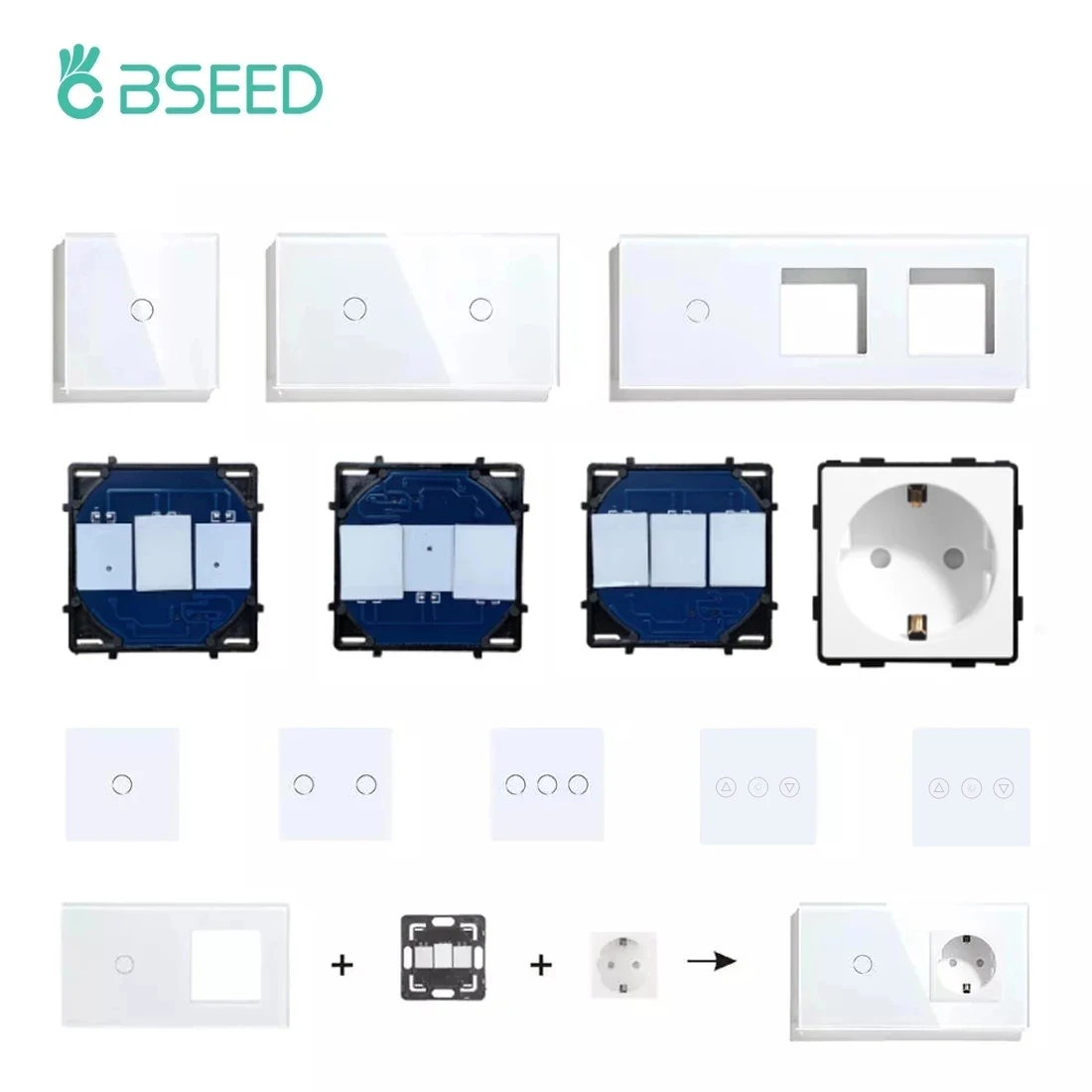 Bseed Uk Eu Ru Standard Crystal Glass Panel Frames 1/2/3Gang 1/2Way Wall Touch Switch Base Presa A Muro Funzione Parte Parte Fai Da Te
