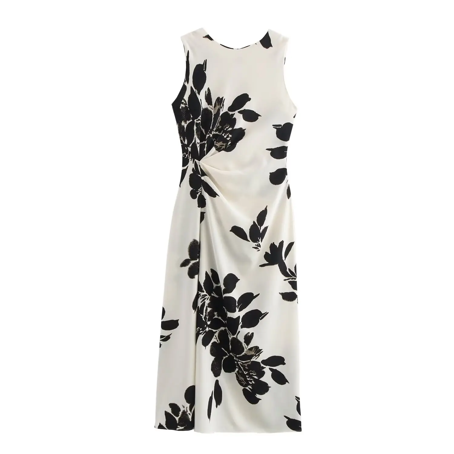 thumbnail image 1 of HH TRAF Vestido nuevo y elegante sin mangas para mujer, vestido de verano con estampado elegante y cuello redondo, vestido ajustado con pliegues y cremallera para mujer, 1 of 5