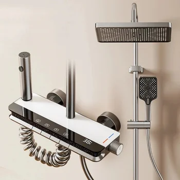 คีย์เปียโนระบบฝักบัวห้องน้ําชุดอ่างอาบน้ําก๊อกน้ําร้อนและเย็น LED Light ดิจิตอลก๊อกน้ําทองเหลืองชุดฝักบัว 7