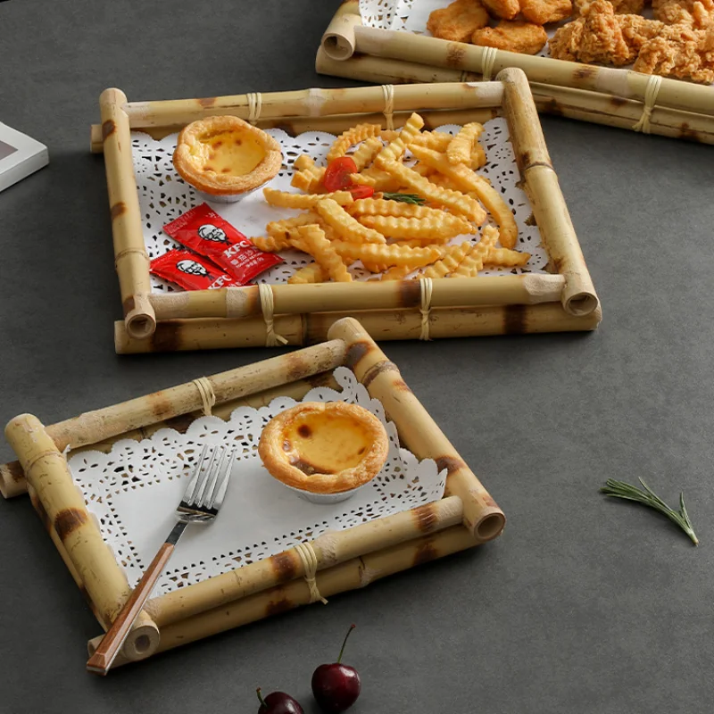 Natural Bamboo Woven Tray Thai Serving Tray Creative Characteristic Fried Food Afternoon Tea Dessert