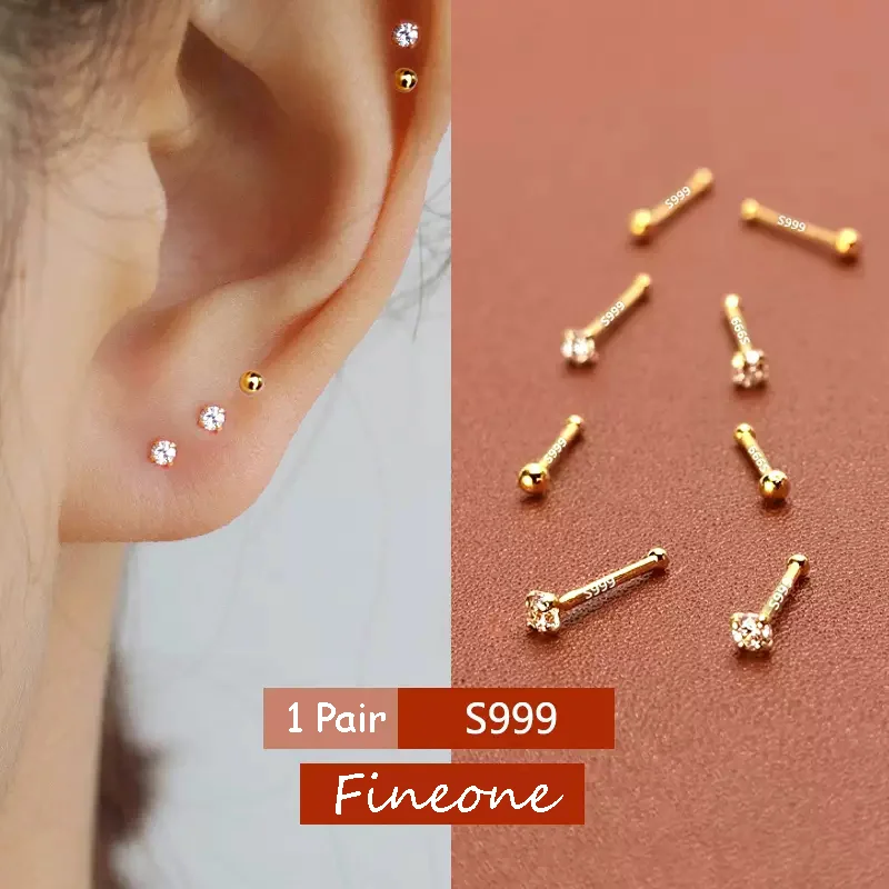 

1 Pair S999 Solid Sterling Silver Needles Ear Piercing Bar Ear Stick Earrings For Women Unusual Anti Allergy Fine Jewelry