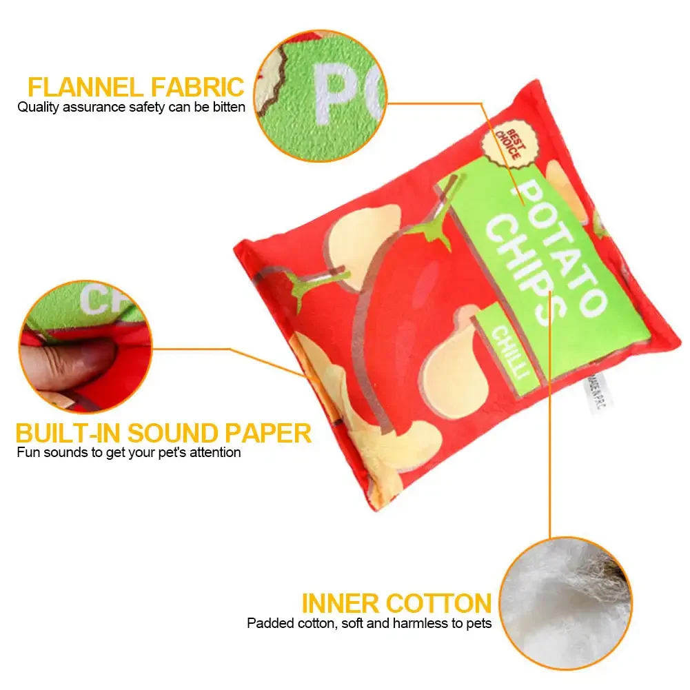 Potato Chip Bag Funny Dog Toys Plush Squeaker Food Toy for Small Medium Dogs Interactive Squeaky Chew Puppy Toys 5