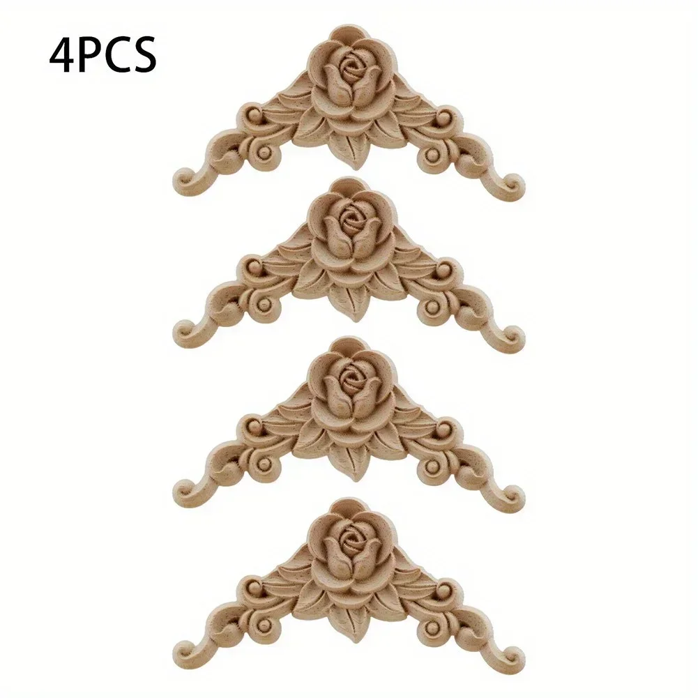 4pcs Natural Floral Wooden Figurines Crafts Wood Carved Corner Appliques Frame Wall Door Furniture Woodcarving Decorative 3