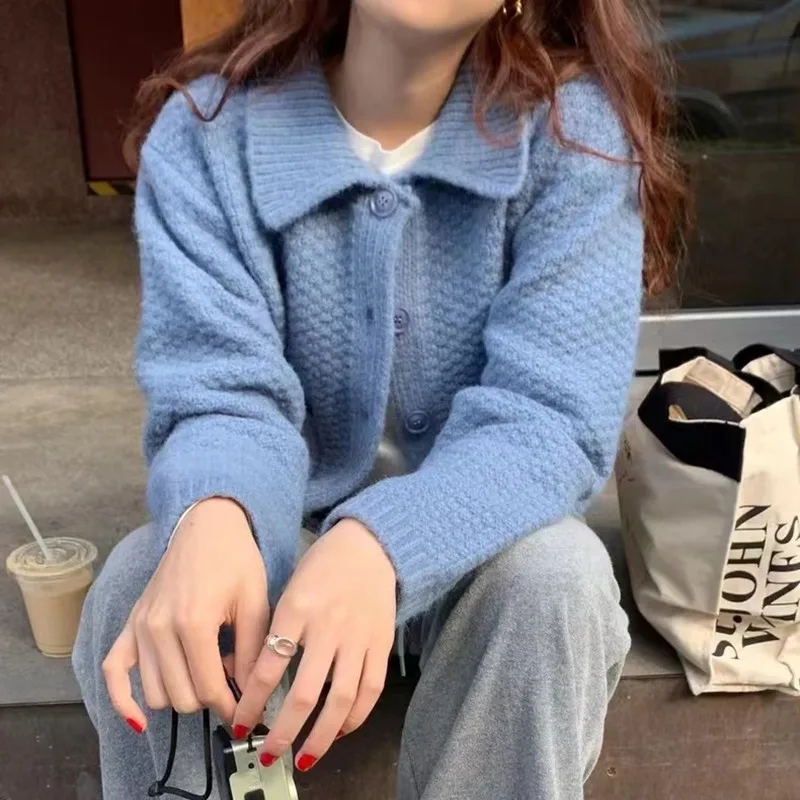 Fashion Lapel with Pockets Sweater Jacket for Women Autumn New Loose Fit Outerwear Button Long Sleeve Knitwear Cardigan Top