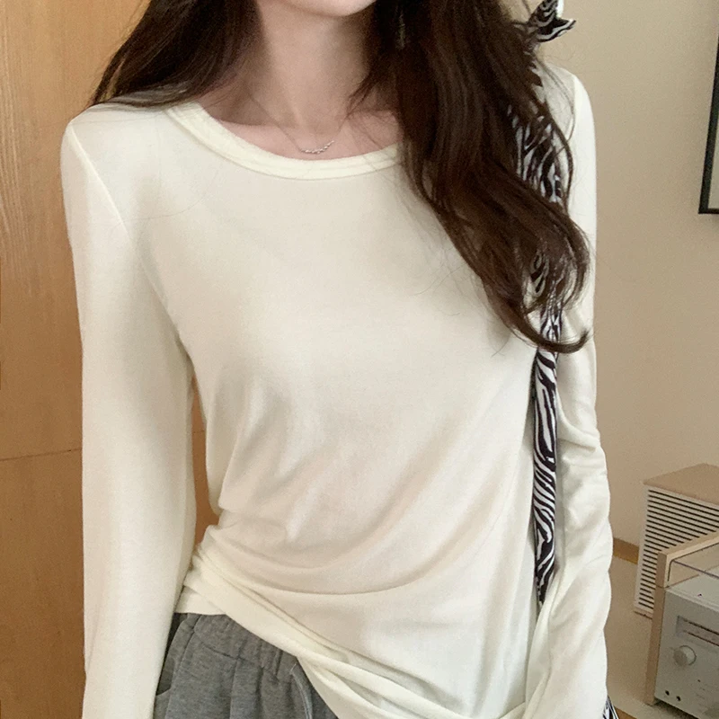 

Однотонные повседневные женские футболки с круглым вырезом, новинка 2024, Весенняя облегающая эластичная футболка с длинным рукавом, Женские базовые футболки, топы