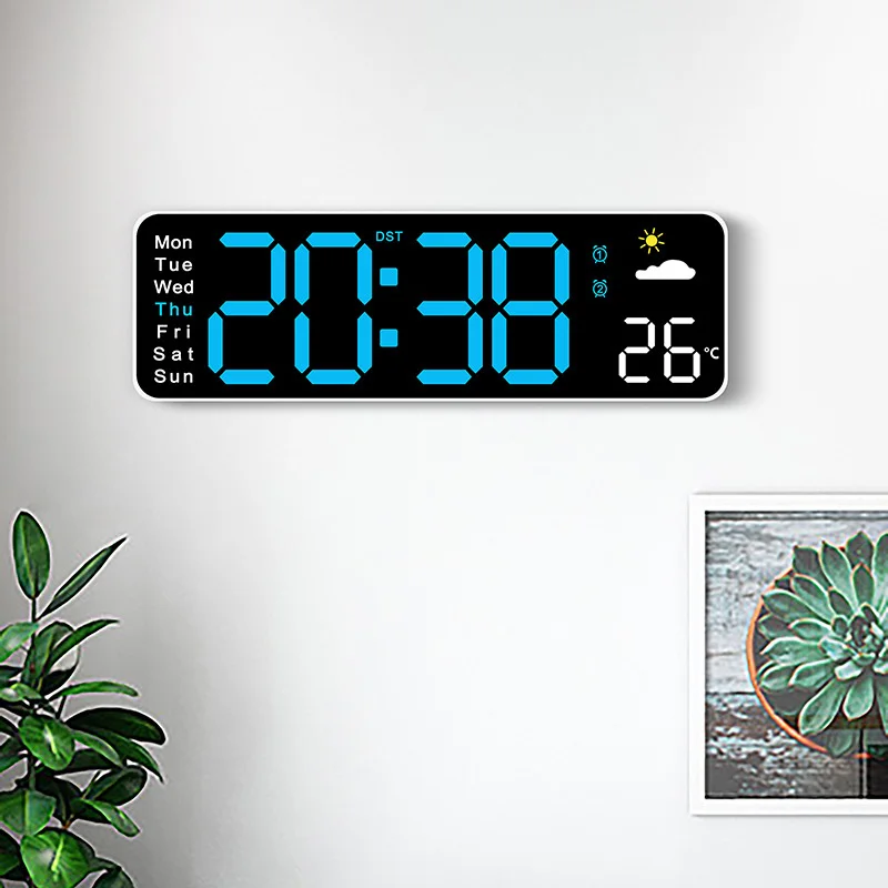 Digital Wall Clock Wall Clock Digital Display Clock Large Screen Digital Wall Clock Temperature Humidity Date Week Display Weather Clock Dual-Alarms USB Electronic LED Alarm Clocks
