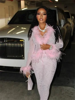 2025 Feather Patchwork Suit Fashion New Casual Women's Sets Long Sleeve Tops and Pants Sexy Pink Elastic Two 2 Piece Set Outfits 1