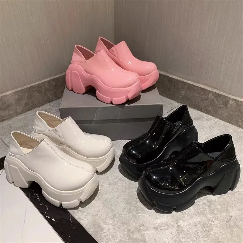 

Baotou square heel height increased sponge cake, ultra-high heels, single shoes, small leather shoes, Lefu shoes, two wearing wo