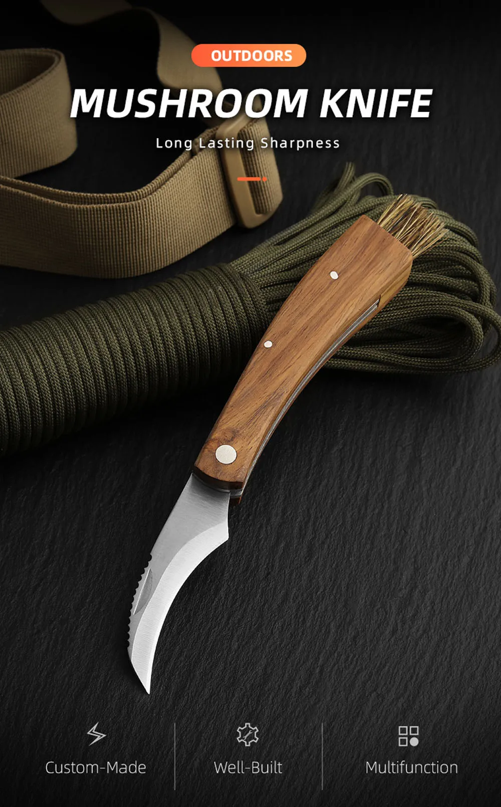 Description Picture 2 of itemRosewood Handle Mushroom Knife Outdoor Keychian Folding Knife Camping BBQ Hand Tools With Brush EDC Grafting Knives