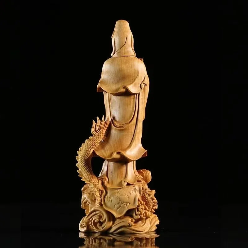 Natuurlijk Hout Dragon Guanyin Buddha Standbeeld, Traditionele Met De Hand Gesneden Chinese Boeddhistische Figuren Huis Woonkamer Feng Shui Standbeeld