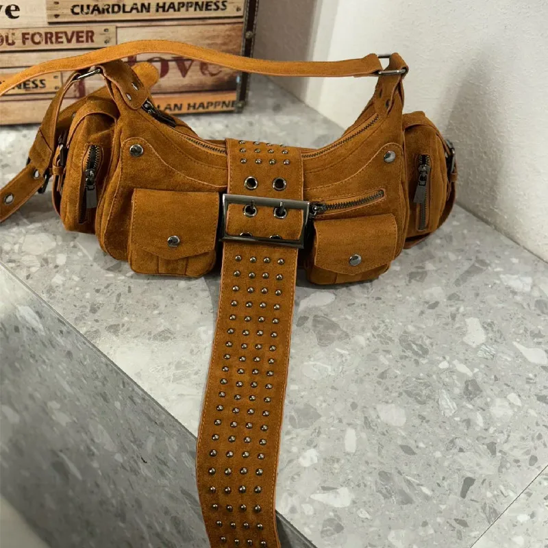 Fashion Retro Women suede Shoulder Bags Cool Punk Rivets Motorcycle Casual Vintage Bag Casual Versatile Crossbody Handbag