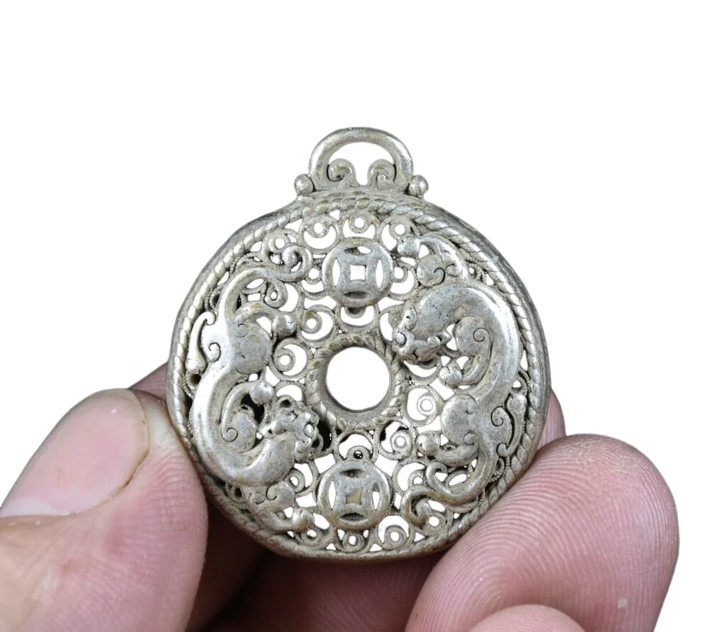 3.5Cm Rare Old China Miao Silver Feng Shui 2 Pixiu Beast Luck Collana Pendente
