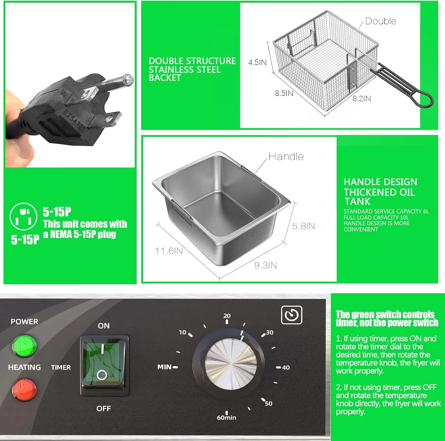 Electric Deep fryer Stainless Steel with Basket Lid Capacity Countertop Fryers for Home Kitchen and Restaurant 60 Minute Timer