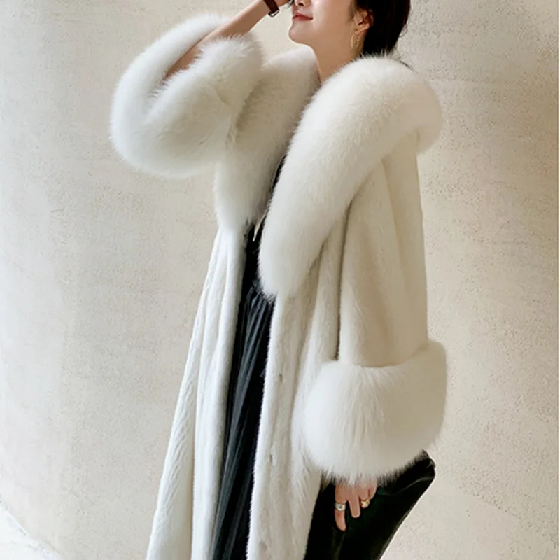 

Winter Warm Fur Collar Female Mink Coat New Korean Style Temperament Fashion Slim Long Fur Trim Coat Women Furry 2021