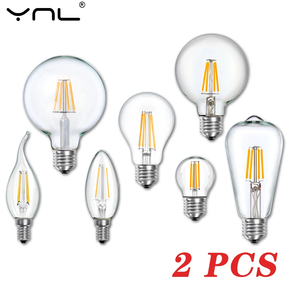 2Pcs E27 E14 Retro Lamp Edison LED Filament Light Bulb 220V C35 A60 ST64 G45 G80 G95 G125 Vintage Glass Candle |