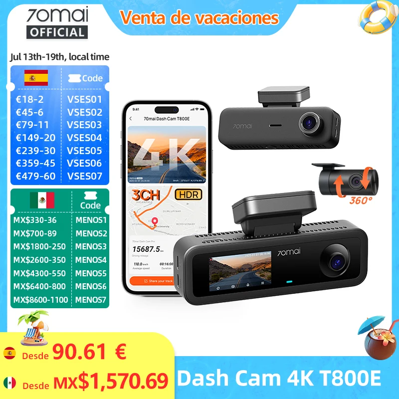 70mai 4K T800E 3-Channel Dash Cam Front Rear Interior 3-in-1 Voice Control 24H Parking Supercapacitor GPS 4K Car DVR 70mai T800E