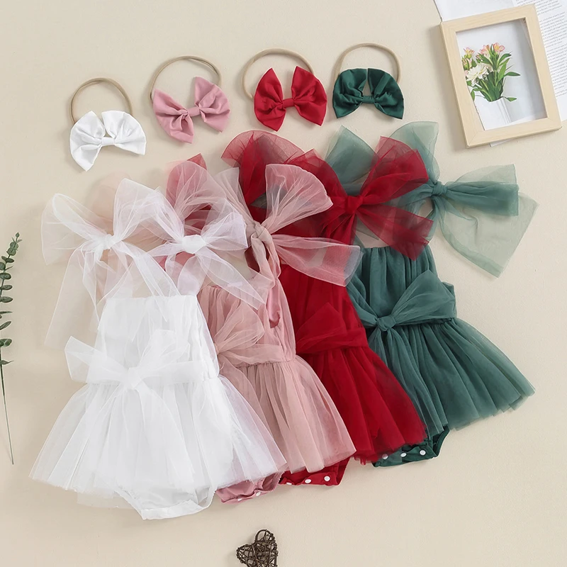 

0-18M Cute Infant Baby Girls Romper Dress Solid Color Tulle Skirt Hem Sleeveless Jumpsuits with Bow Headband Newborn Bodysuits