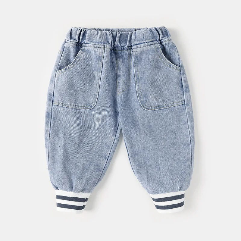 Spring Autumn Toddler Boy Denim Pants Cotton Striped Hem Infant Baby Boys Jeans Loose Korean Elastic Waist Little Boys Trousers
