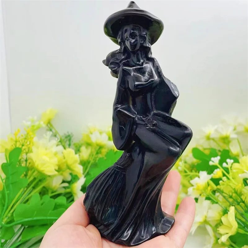 

14.5cm Natural Black Obsidian Magic Witch Figurine Crafts Healing Crystals Carving Halloween Gift Home Decoration 1PCS