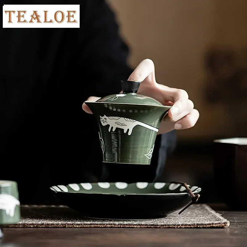 150ml Handmade Powder Yin Olive Green Gaiwan Boutique Hand Painted Cat Tea Tureen Tea Making Cover Bowl Tray Cafes Supplies