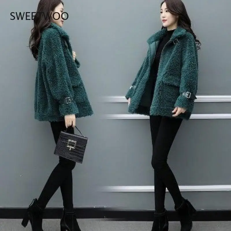 Women 2021 Winter New Fashion Double-Faced Fur Sheep Shearing Jackets Female faux Lamb Coat Mid-Long Loose Overcoat Contracted