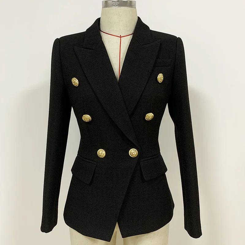 

2023 Fashion Suit Metal Lion Button Double Breasted Slim Fit Linen Jacket Women Oversize Wear To Work Blazer Office Professional