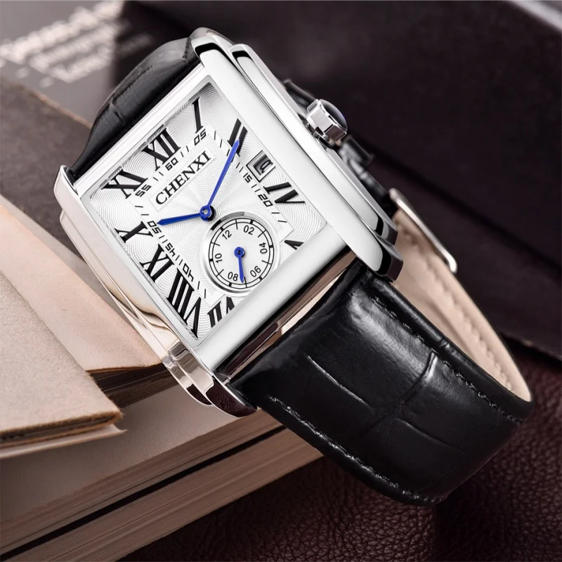 CHENXI 8216 Casual Quartz Watches for Men Classic Square Dial Waterproof Leather Strap Simple Calendar Business Men's Wristwatch 6