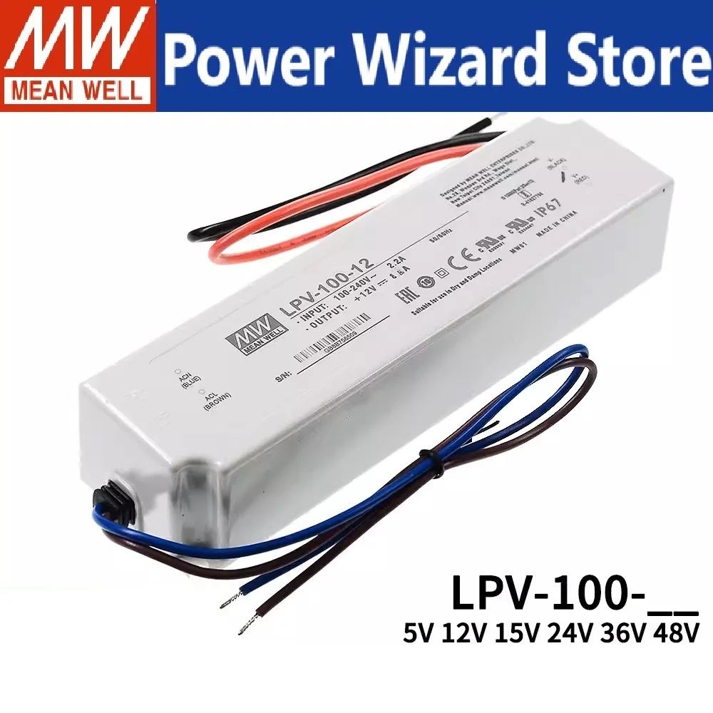 MEAN WELL LED driver LPV-100 5V 12V 15V 24V 36V 48V DC 100W Waterproof IP67 LED light bar transformer Switching power supply