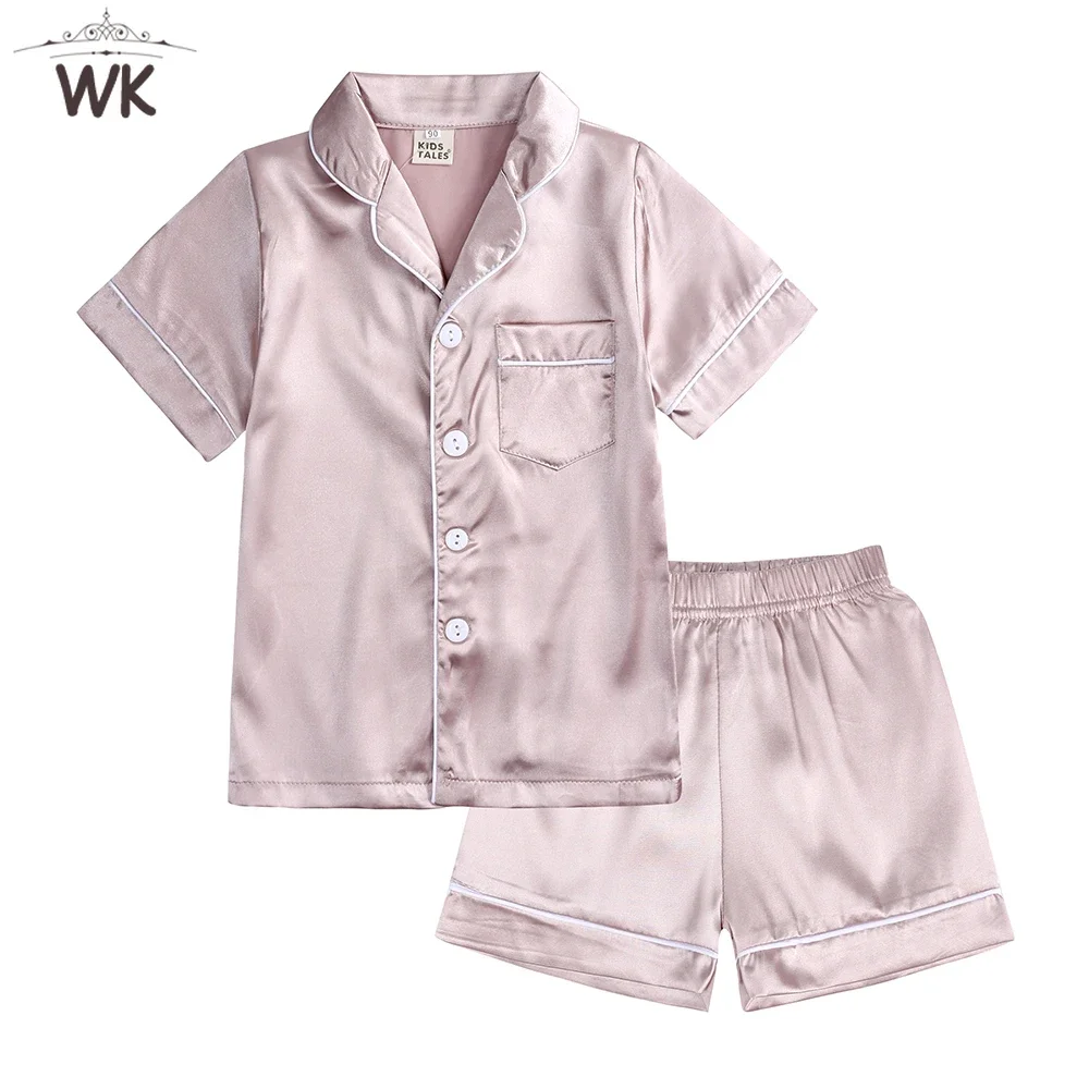 Little Kids Boys Girls Soft Silk Satin Pajamas Set Toddler Solid Classic Loungewear 2Pieces Button-Down Top Pants Sleepwear Suit kids pajamas set
