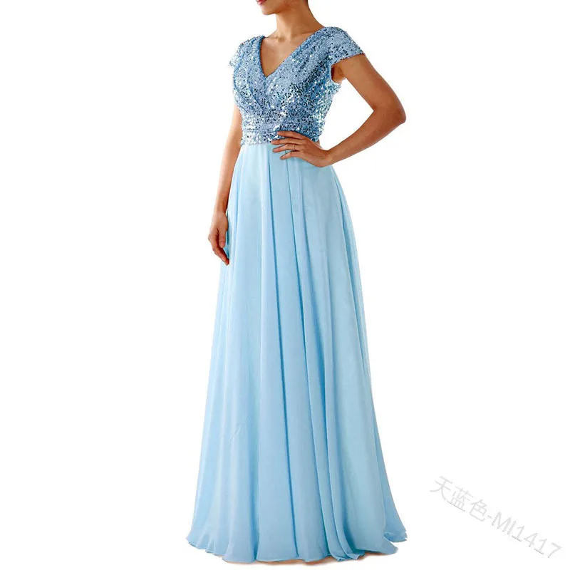 

CloverBridal In Stock Sequined +Chiffon A-line Prom Dresses 2023 Formal Occasion Dresses V Neck Sky Blue Party Gowns WE9490