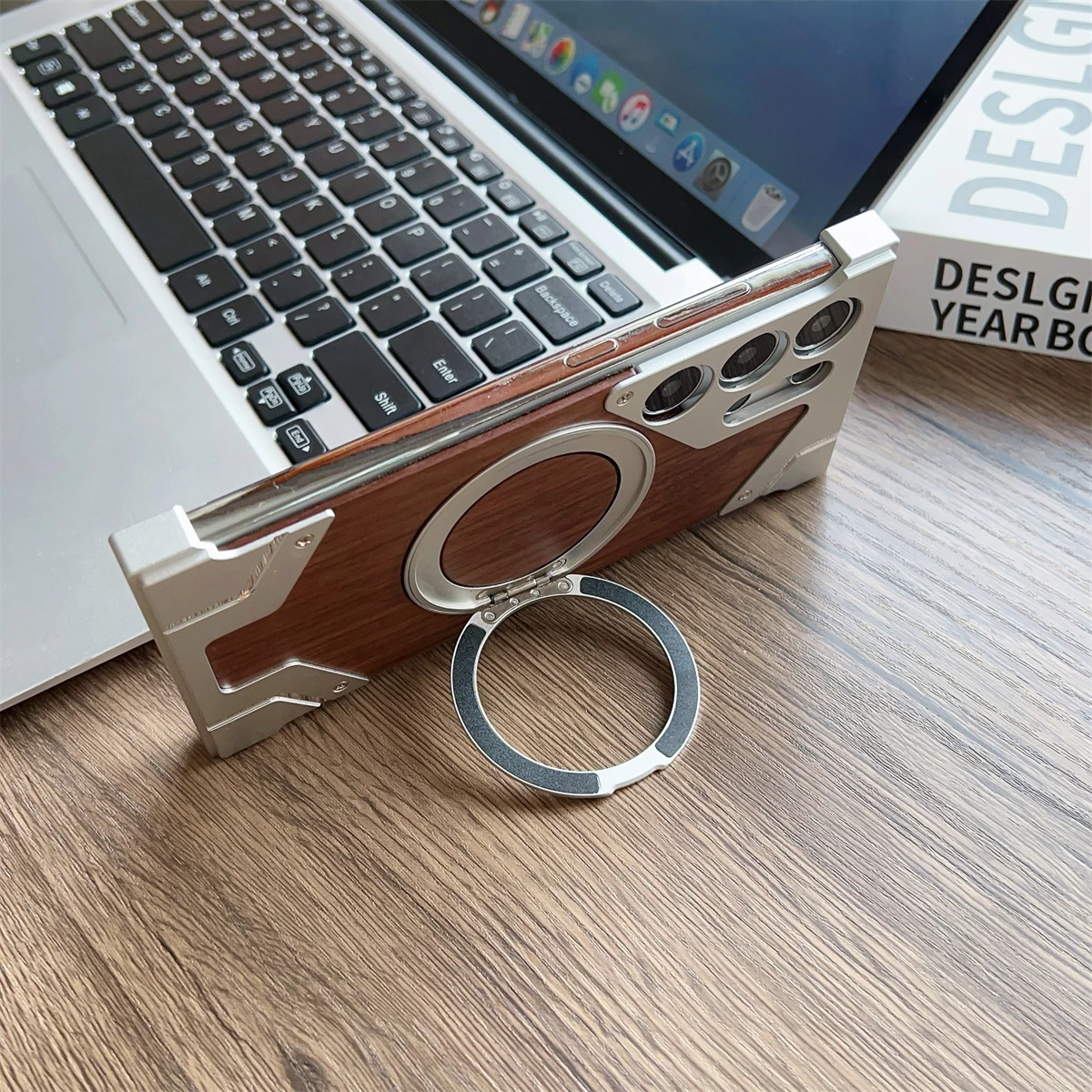 Aluminum Alloy Frameless Magnetic Holder Phone Case with Wooden Hard Cover