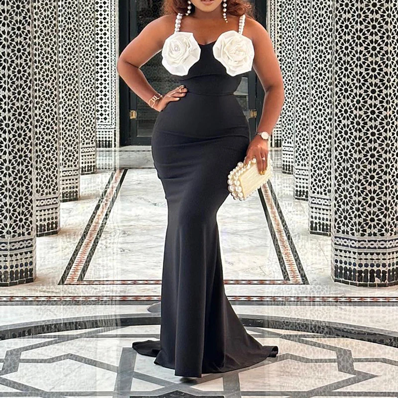 

Lady Fashion Solid Decal Flower Slim Bodycon Party Dress Elegant Pearl Beaded Strap Tight Long Dress Women Clothing Evening Gown