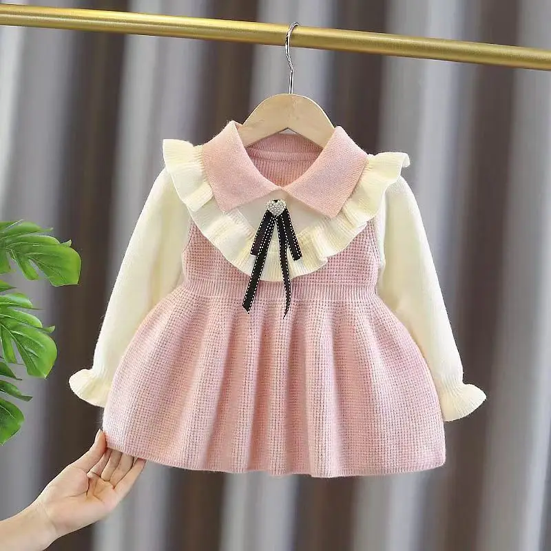 

Kids Girls Dress 2023 Princess Style Spring Autumn Baby Knitted Fake Two Pieces Baby Super Cute Clothing Cute Korean Version