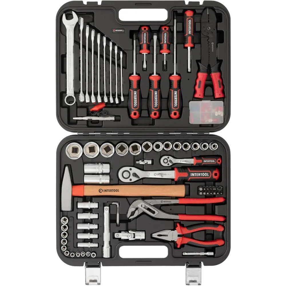 

Metric Tool Set, 100-Piece, 1/4” & 1/2” Drive Sockets, Wrenches, Electrical Tools, Screwdrivers, Bits, Pliers, Hammer