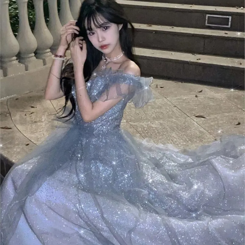 

Evening Dress for Women New off-Shoulder Blue Students Graduated from Art Exam
