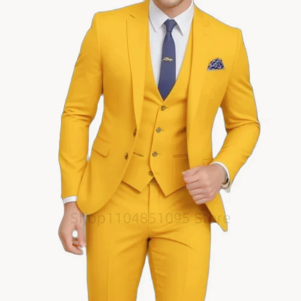 Men's Orange/Yellow Slim Fit 3-Piece Formal Business Suit Set with Peak Lapel Blazer Vest Trousers for Wedding Party Prom