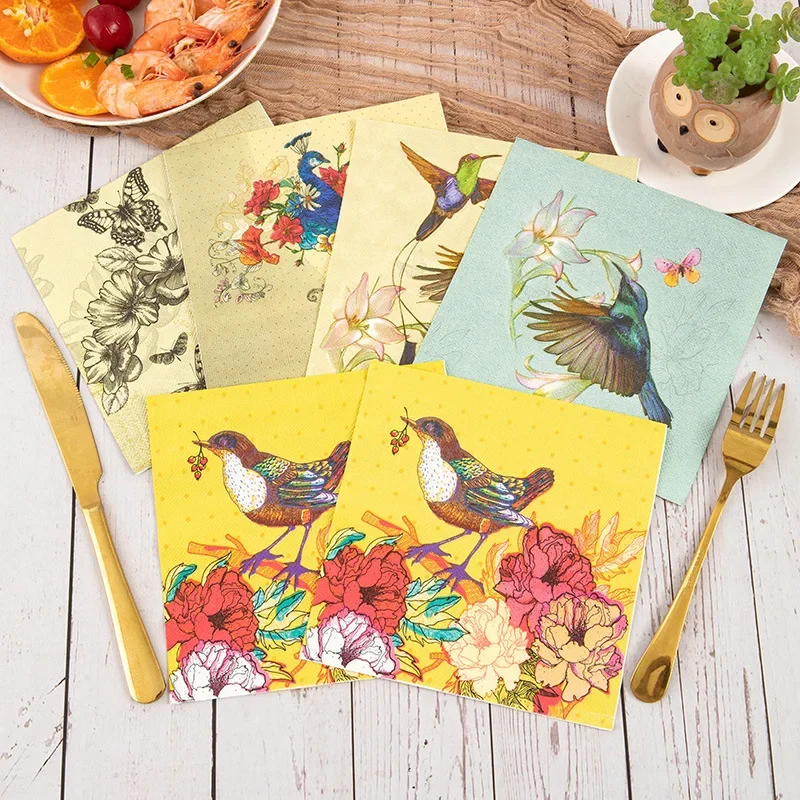 20pcs/Pac Flower and Bird Series Printed Napkins Native Wood Pulp 2-Ply Colorful Paper Napkins Kitchen Table Holiday Decoration paper napkins