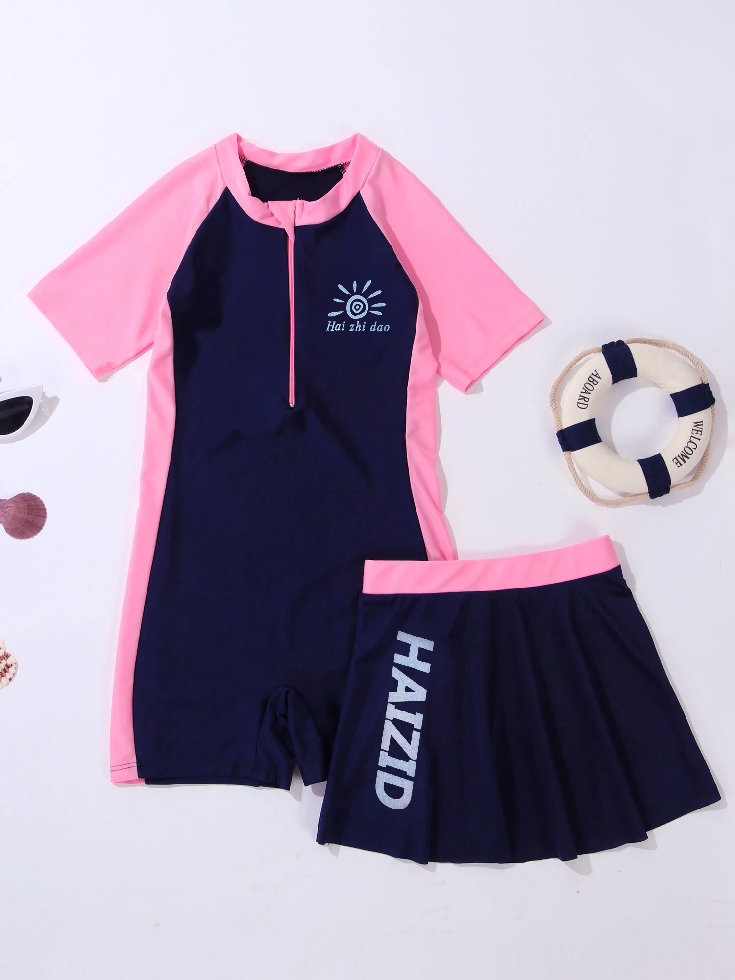 2Pcs Kids Girls Swimsuit Mock Neck Short Sleeves Front Zipper Short Jumpsuit Skirt Set girls swimsuit