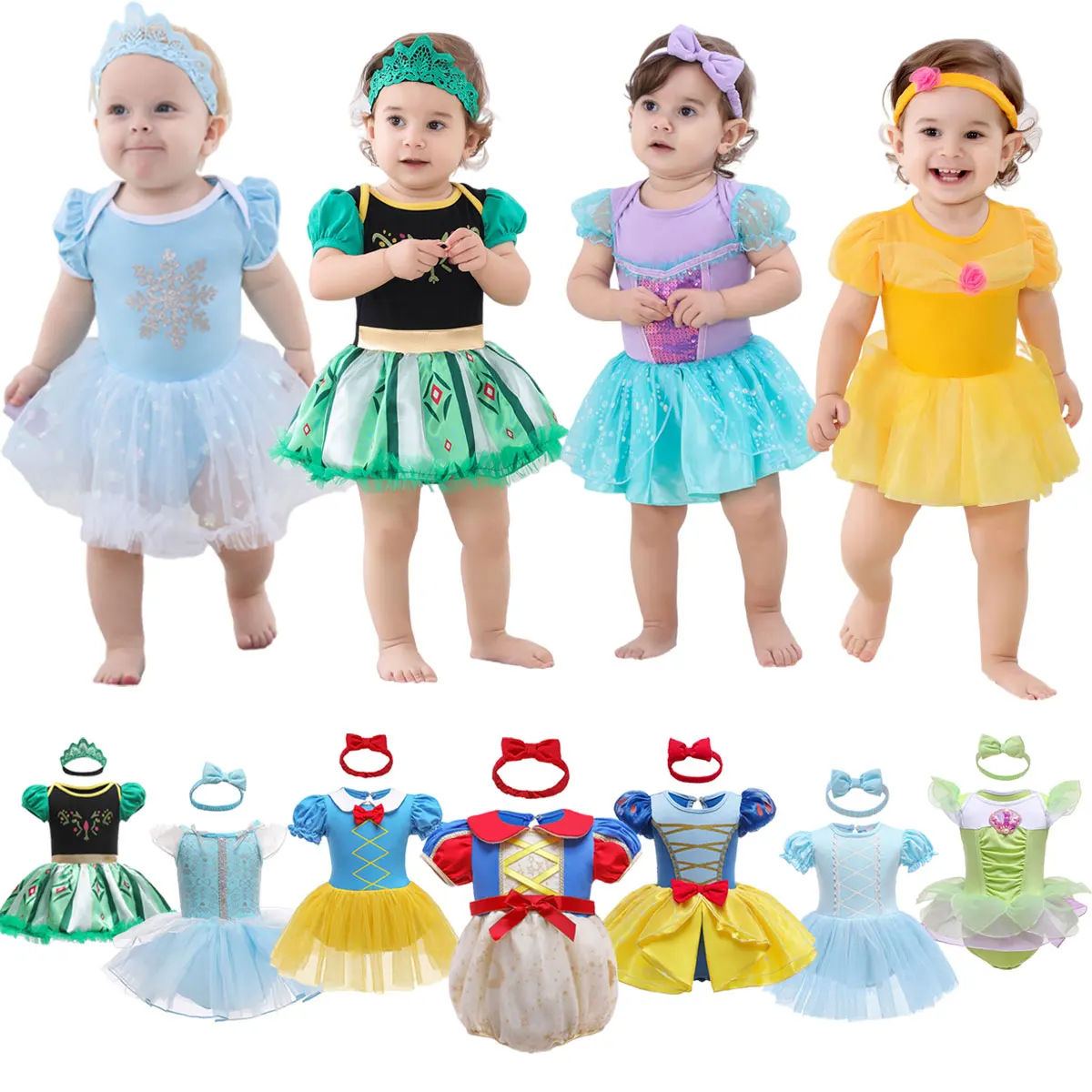 

Baby Romper TUTU Dress With Headband Elsa Anna Mermaid Snowwhite Cinderella Baby Girl Clothes Size 3-18M Cute Design Baby Dress