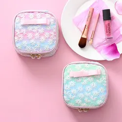 Gradient Pink Makeup Bag Sanitary Napkin Storage Pouch Double Zipper Mesh Embroidery Floral Cosmetic Portable Headphone Case