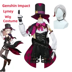 Anime Lyney Cosplay Costume Wig Hat Set Fontaine magician Leather Uniform Dress Short Hair Skirt Glove Outfit