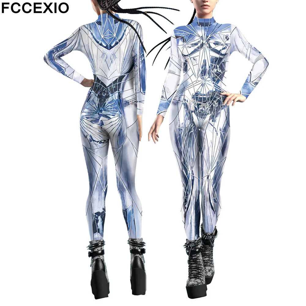 

FCCEXIO Glass Fragment Print Catsuit Woman Zipper Sexy Jumpsuit Zentai Bodysuit Party Costume Female Cosplay Outfit Monos Mujer