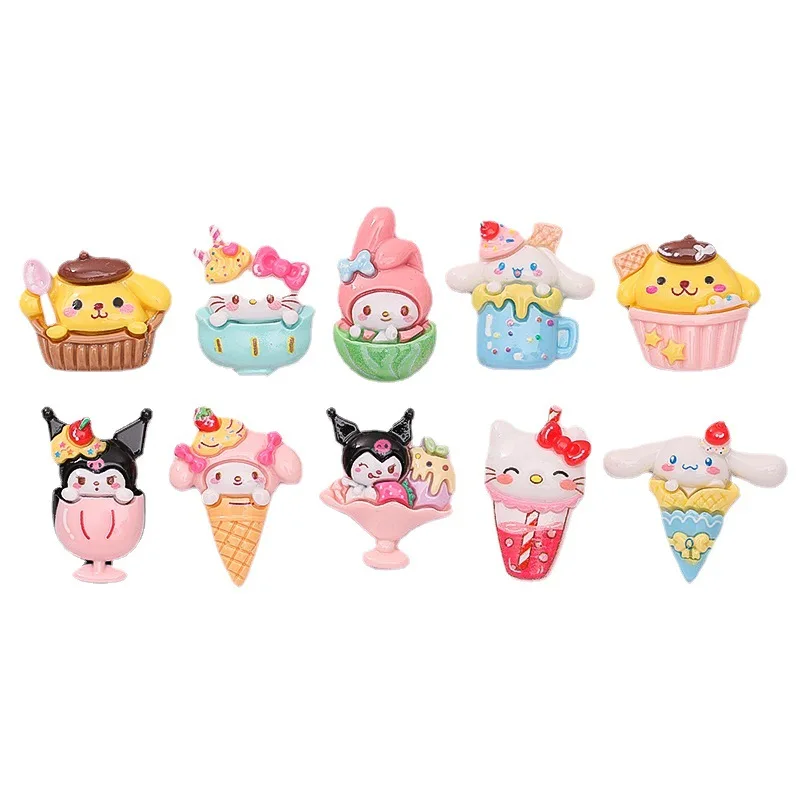 10개입 귀여운 광택 표면 고양이 디저트 아이스크림 시리즈 레진 플랫백 장식품 DIY 리본 장식 액세서리 공예품 A3