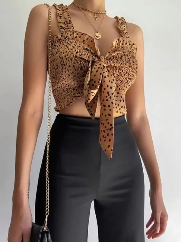 

Women Lace Frill Tube Crop Tops Chic Lady Bowknot Tanks Polka Dot Ruffles Strap Vest Summer Sexy Open Front Tie Up Tank Tops