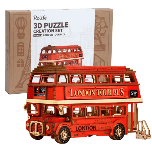Robotime Rolife London Tour Bus 3D Wooden Puzzles Model Toy Car to Build Crafts for Adults Collectibles Gifts for Boys Girls
