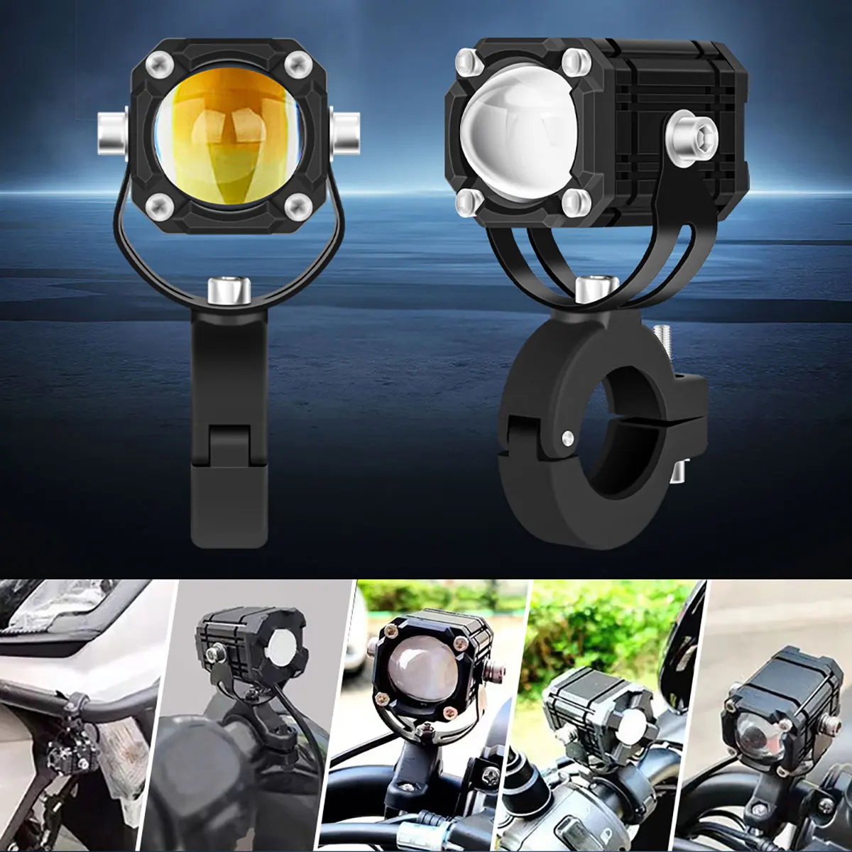 Motorcycle LED Lights 2Pcs Motorcycle LED Lights Universal Motos Dual Color Spotlights 360 Degree Adjustment Auxiliary Fog Light Motorcycle Accessory