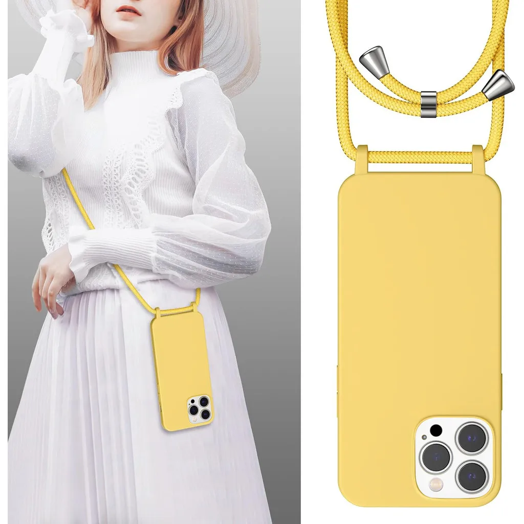 Vibrant Yellow Liquid Silicone TPU Phone Case with Lanyard and Shockproof Protection