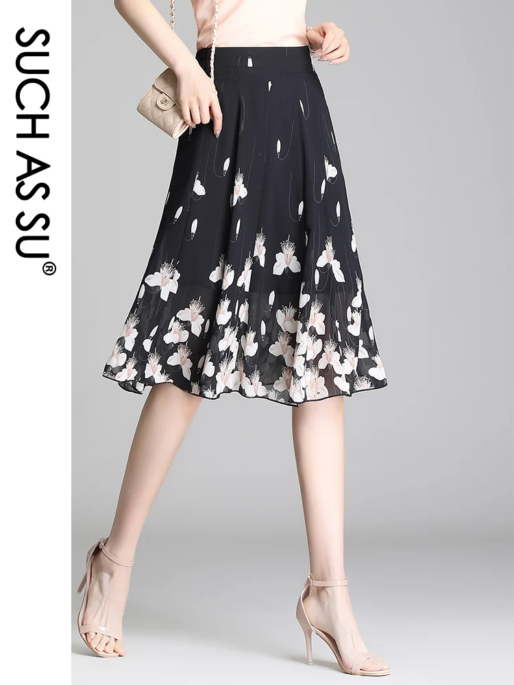 High Quality Pleated Women'S Summer Skirts Black Floral Ruffles Chiffon Elastic High Waist Slim Ladies Elegant Mid Long Skirt white black fake flare sleeves women floral lace pleated detachable sleeves cuffs ruffles wrist warmers sweater blouse horn cuff